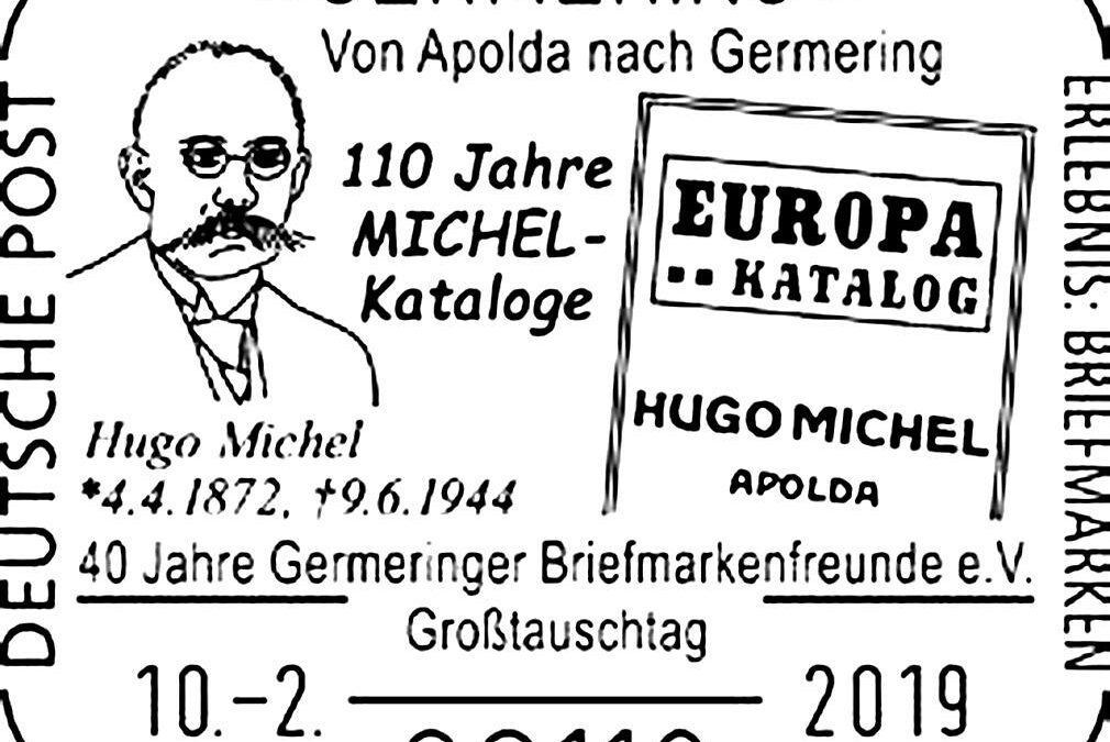 German "Hugo Michel" hand stamp (10.02.2019) contains two errors